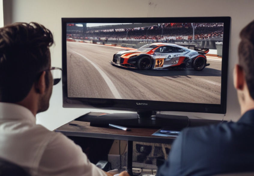 Men watching a car racing event on the TV.