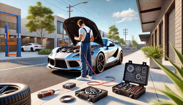 A mechanic inspecting a car outdoors in a sunny climate.