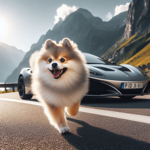 A Pomsky running alongside a sports car on a scenic road