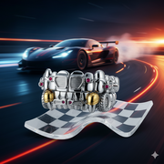 Premade grillz designed with motorsport aesthetics, featuring chrome finishes, subtle ruby accents, and golden "engine" details, resting on a miniature checkered flag with a blurry race car speeding on a track in the background.