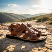 A high-quality pair of durable, dark brown leather sandals with sturdy straps rests on an ancient stone path in an arid, sun-drenched Israeli landscape.