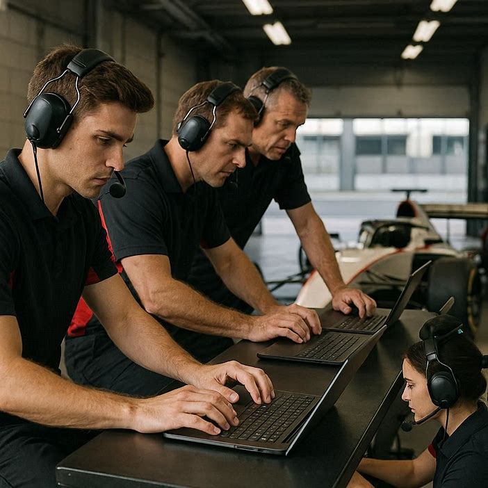 Motorsport team working on laptops inside a racing garage