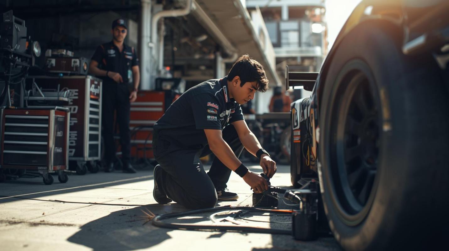 Young mechanic fine-tunes pit equipment beside race car during bright local motorsport event.